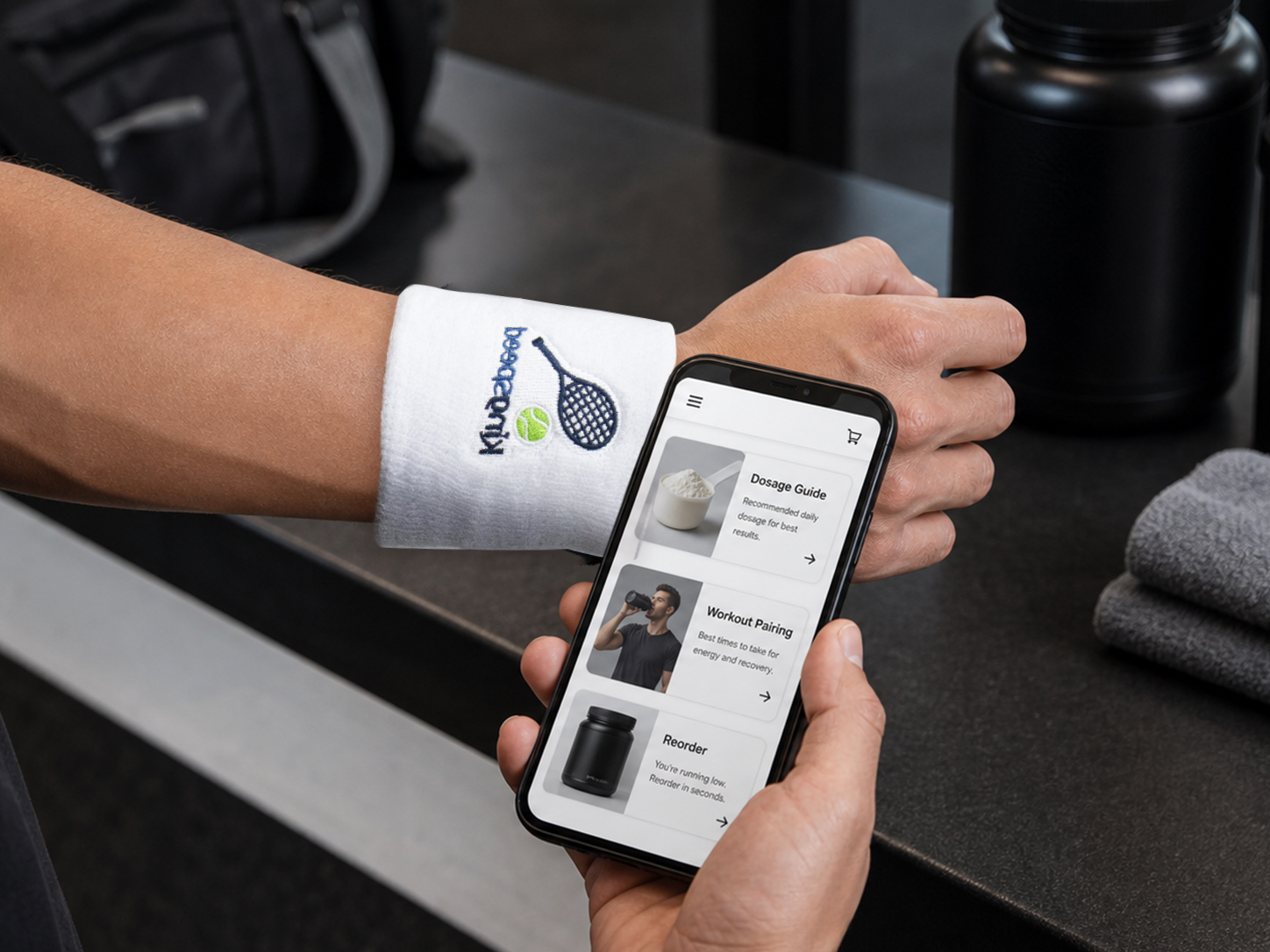 NFC wristband opening a wellness dosage guide near supplements